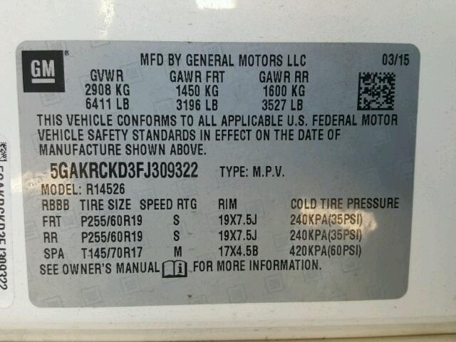 5GAKRCKD3FJ309322 - 2015 BUICK ENCLAVE WHITE photo 10