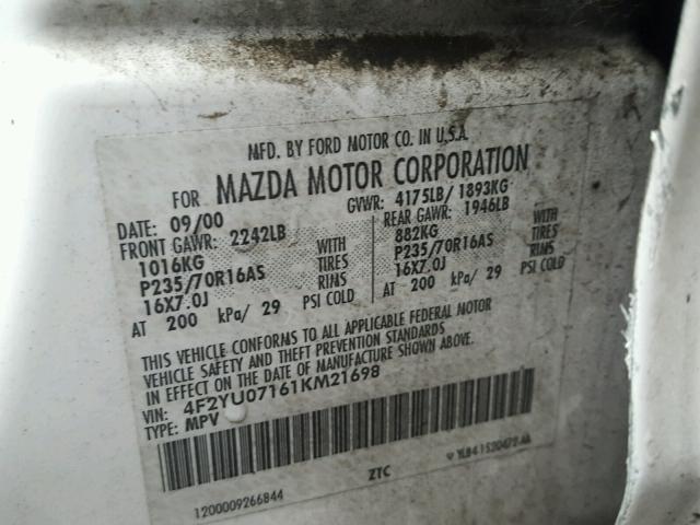 4F2YU07161KM21698 - 2001 MAZDA TRIBUTE DX 白色 照片 10