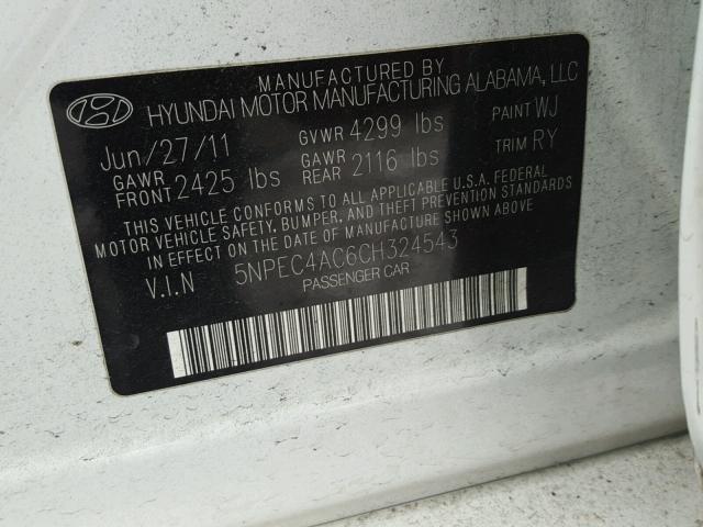 5NPEC4AC6CH324543 - 2012 HYUNDAI SONATA SE WHITE photo 10