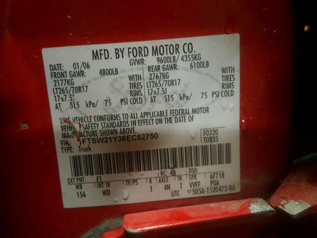 1FTSW21Y36EC52750 - 2006 FORD F250 SUPER RED photo 10