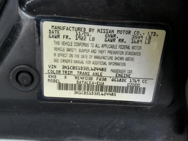 3N1CB51D32L624485 - 2002 NISSAN SENTRA XE BLACK photo 10