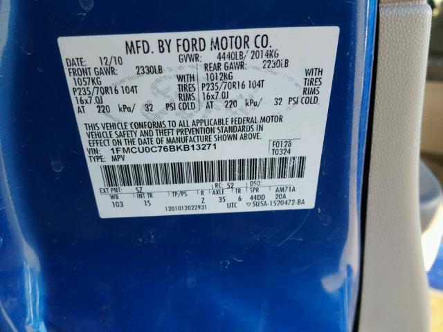 1FMCU0C76BKB13271 - 2011 FORD ESCAPE XLS BLUE photo 10