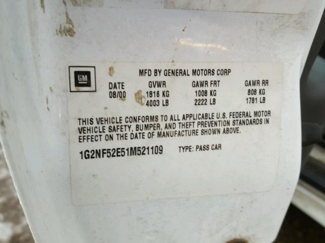 1G2NF52E51M521109 - 2001 PONTIAC GRAND AM S თეთრი ფოტო 10