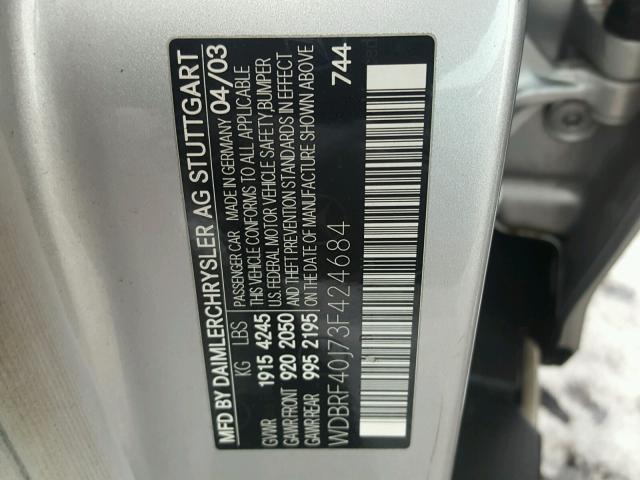 WDBRF40J73F424684 - 2003 MERCEDES-BENZ C 230K SPO SILVER photo 10