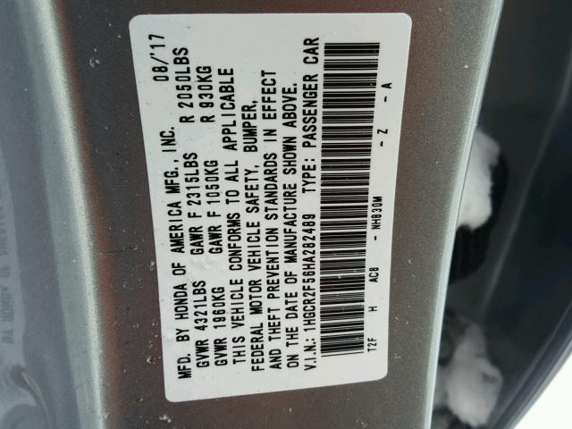 1HGCR2F56HA282489 - 2017 HONDA ACCORD SPO GRAY photo 10