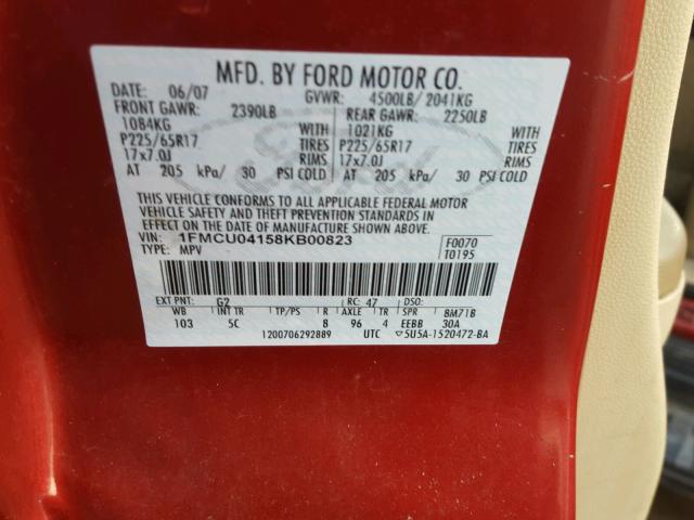 1FMCU04158KB00823 - 2008 FORD ESCAPE LIM RED photo 10