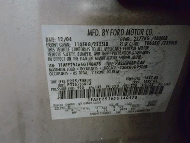 1FAFP25165G140478 - 2005 FORD FIVE HUNDR SILVER photo 10