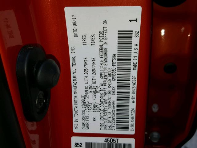 5TFCZ5AN5HX106490 - 2017 TOYOTA TACOMA DOU ORANGE photo 10