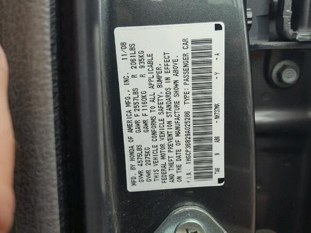 1HGCP36829A025286 - 2009 HONDA ACCORD EXL GRAY photo 10