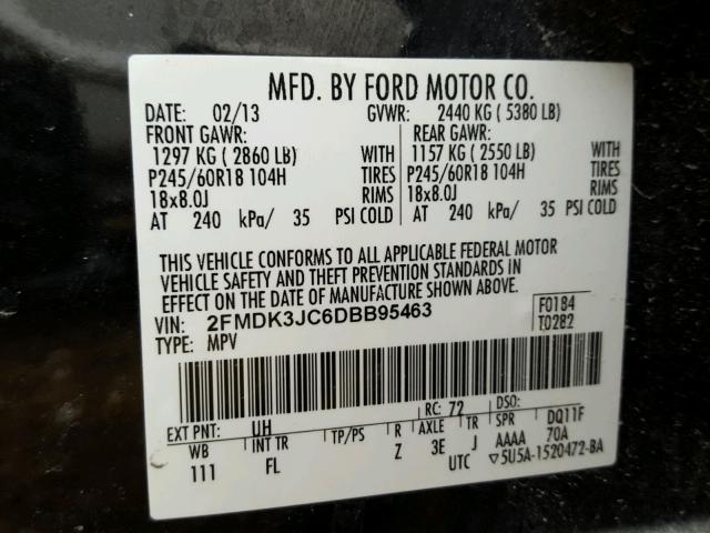 2FMDK3JC6DBB95463 - 2013 FORD EDGE SEL BLACK photo 10