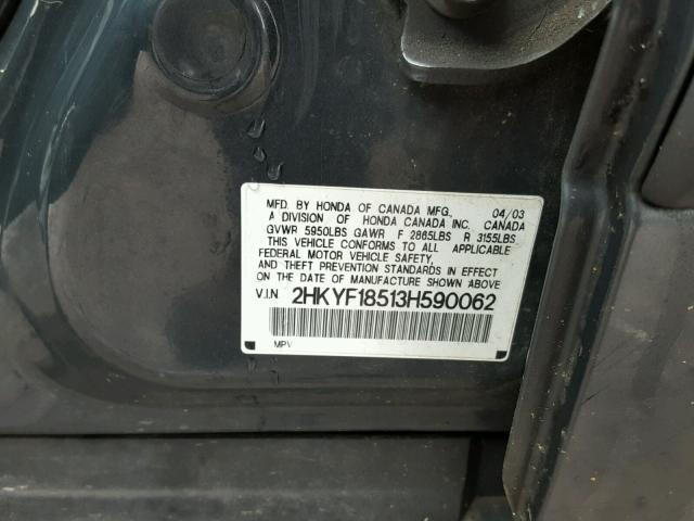 2HKYF18513H590062 - 2003 HONDA PILOT EXL GRAY photo 10