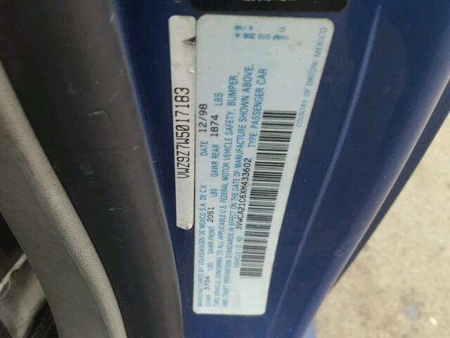 3VWCA21C6XM433602 - 1999 VOLKSWAGEN NEW BEETLE 蓝色 照片 10