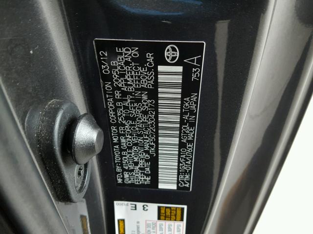 JTKJF5C72C3042173 - 2012 TOYOTA SCION TC 灰色 照片 10