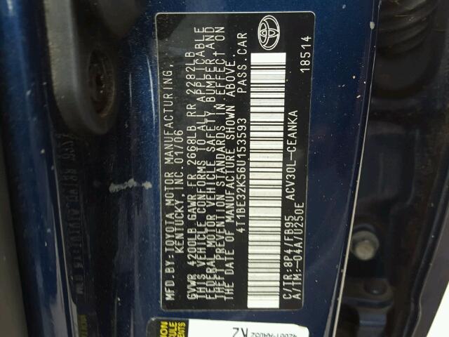 4T1BE32K56U153593 - 2006 TOYOTA CAMRY LE BLUE photo 10