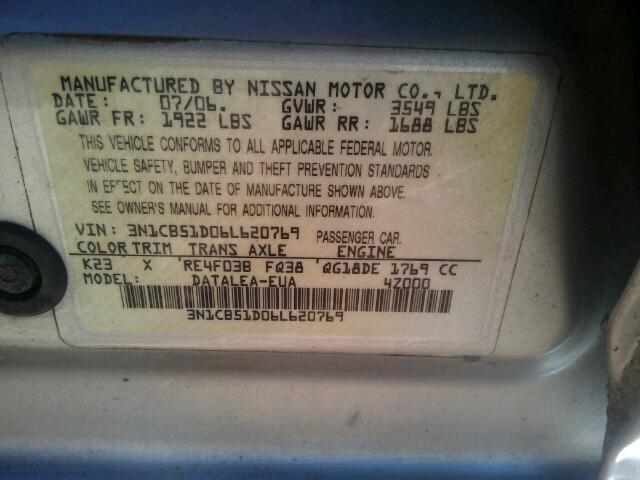 3N1CB51D06L620769 - 2006 NISSAN SENTRA 1.8 SILVER photo 10