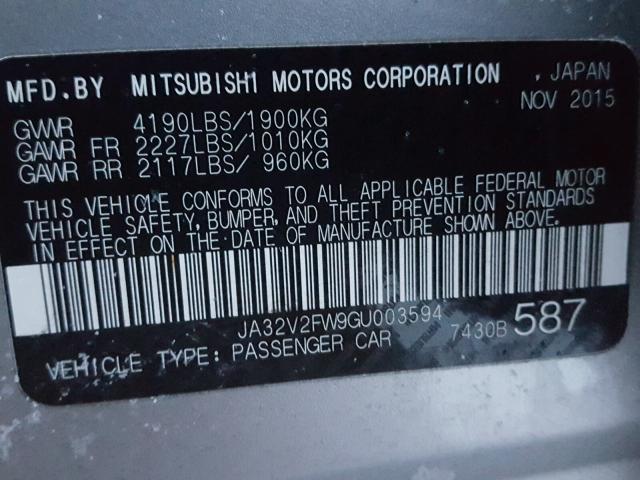 JA32V2FW9GU003594 - 2016 MITSUBISHI LANCER ES SILVER photo 10