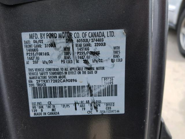 2FTRX17282CA90896 - 2002 FORD F150 CHARCOAL photo 10