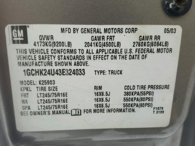 1GCHK24U43E324033 - 2003 CHEVROLET SILVERADO GRAY photo 10