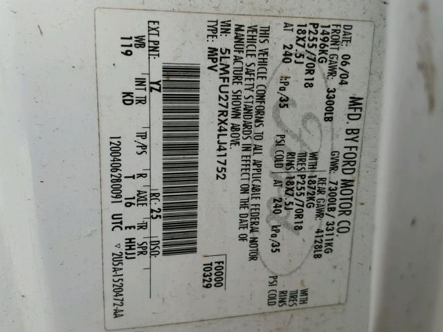 5LMFU27RX4LJ41752 - 2004 LINCOLN NAVIGATOR WHITE photo 10