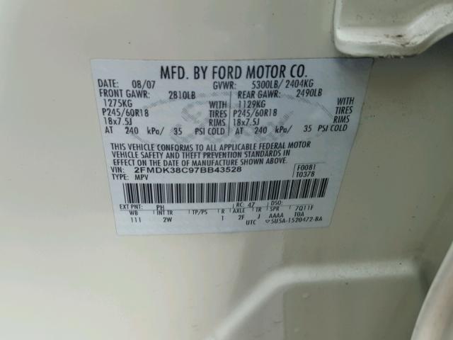 2FMDK38C97BB43528 - 2007 FORD EDGE SEL CREAM photo 10