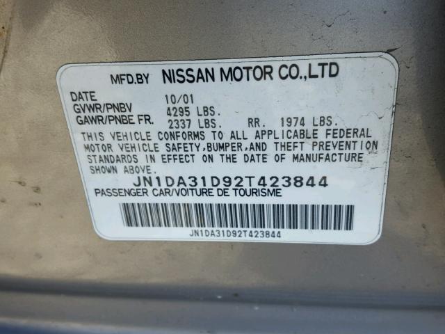 JN1DA31D92T423844 - 2002 NISSAN MAXIMA GLE GRAY photo 10