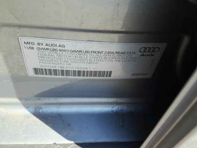 WAUAF78E47A144261 - 2007 AUDI A4 2 GRAY photo 10