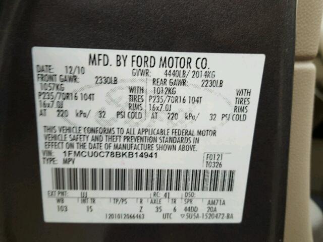 1FMCU0C78BKB14941 - 2011 FORD ESCAPE XLS GRAY photo 10