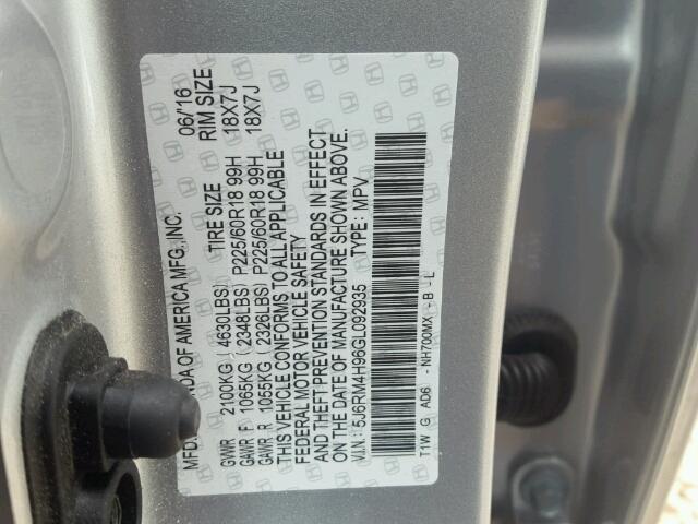 5J6RM4H96GL092935 - 2016 HONDA CR-V TOURI SILVER photo 10