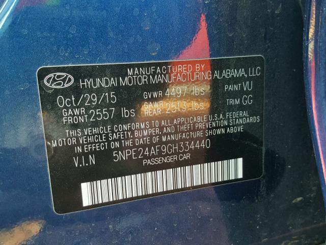 5NPE24AF9GH334440 - 2016 HYUNDAI SONATA SE BLUE photo 10