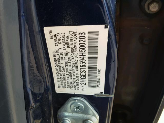 2HGES16594H500203 - 2004 HONDA CIVIC LX BLUE photo 10