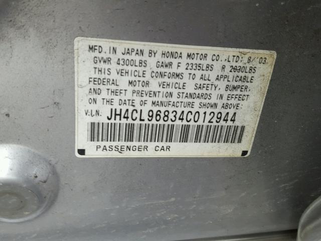 JH4CL96834C012944 - 2004 ACURA TSX SILVER photo 10