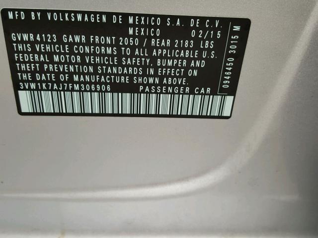 3VW1K7AJ7FM306906 - 2015 VOLKSWAGEN JETTA BASE 银色 照片 10
