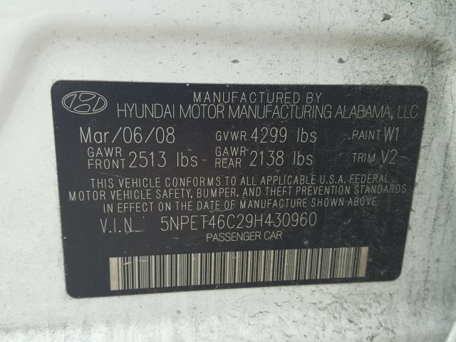 5NPET46C29H430960 - 2009 HYUNDAI SONATA GLS WHITE photo 10