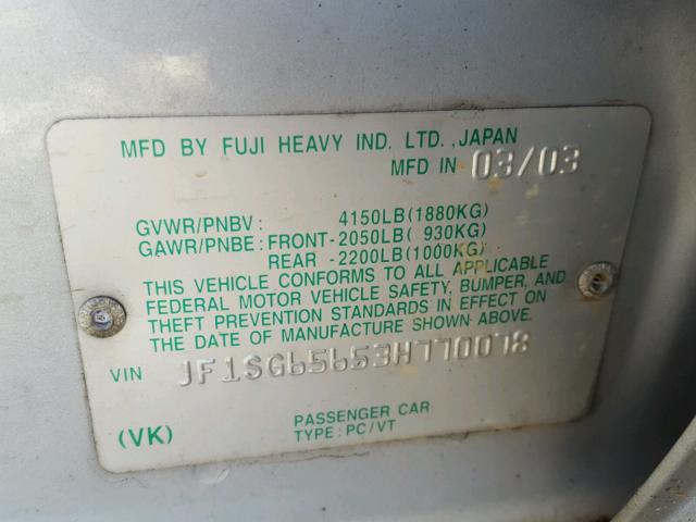 JF1SG65653H770078 - 2003 SUBARU FORESTER 2 SILVER photo 10