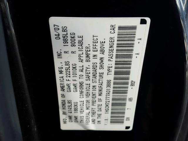 1HGCM72777A013886 - 2007 HONDA ACCORD EX BLACK photo 10