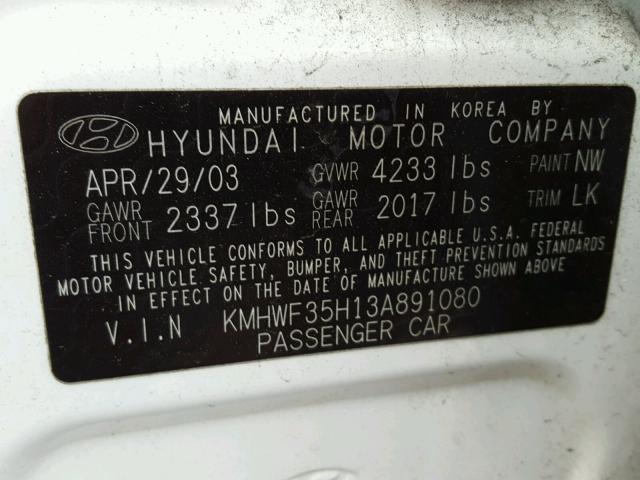 KMHWF35H13A891080 - 2003 HYUNDAI SONATA GLS WHITE photo 10