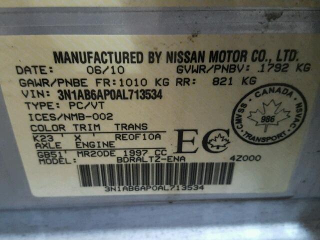 3N1AB6AP0AL713534 - 2010 NISSAN SENTRA 2.0 SILVER photo 10