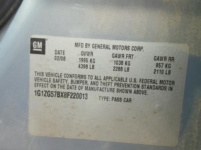 1G1ZG57BX8F220013 - 2008 CHEVROLET MALIBU LS 蓝色 照片 10