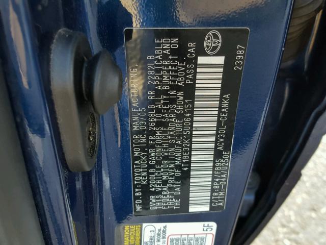 4T1BE32K15U064151 - 2005 TOYOTA CAMRY LE BLUE photo 10