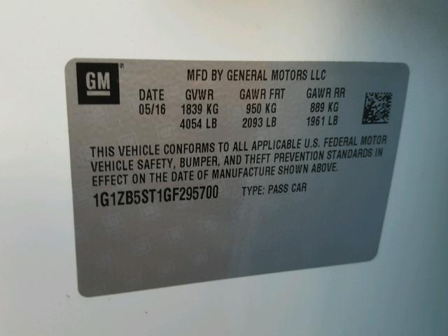 1G1ZB5ST1GF295700 - 2016 CHEVROLET MALIBU LS WHITE photo 10