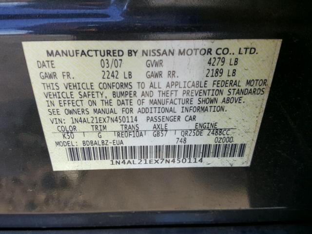 1N4AL21EX7N450114 - 2007 NISSAN ALTIMA 2.5 BLUE photo 10