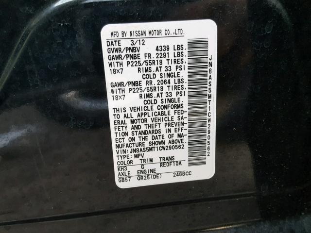 JN8AS5MT1CW290562 - 2012 NISSAN ROGUE S BLACK photo 10