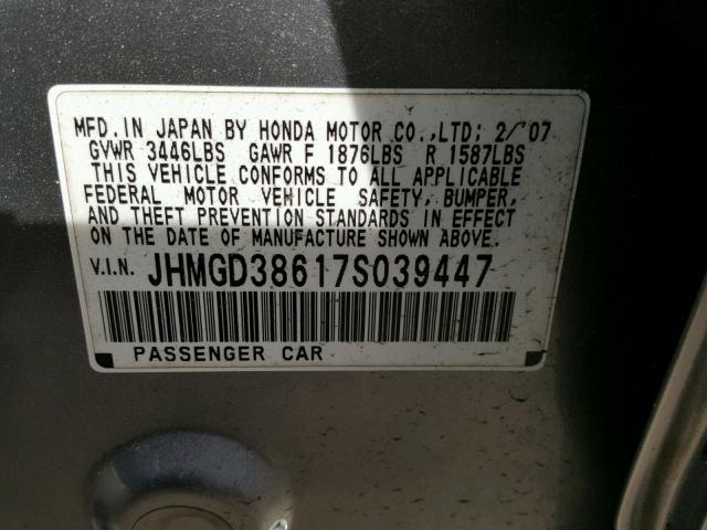 JHMGD38617S039447 - 2007 HONDA FIT S GRAY photo 10