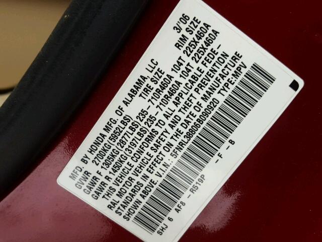 5FNRL38806B090920 - 2006 HONDA ODYSSEY TO MAROON photo 10