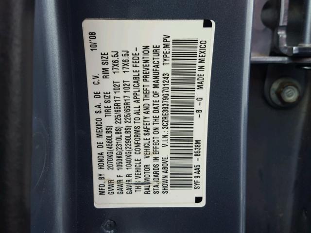 3CZRE38379G701243 - 2009 HONDA CR-V LX SILVER photo 10