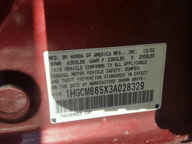 1HGCM665X3A028329 - 2003 HONDA ACCORD EX BURGUNDY photo 10