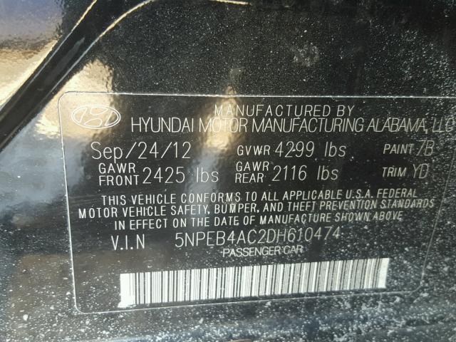 5NPEB4AC2DH610474 - 2013 HYUNDAI SONATA GLS BLACK photo 10