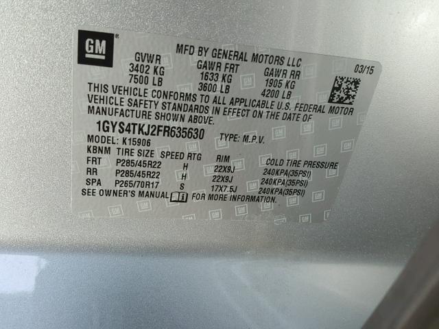 1GYS4TKJ2FR635630 - 2015 CADILLAC ESCALADE E SILVER photo 10