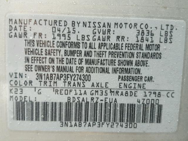 3N1AB7AP3FY274300 - 2015 NISSAN SENTRA S GRAY photo 10