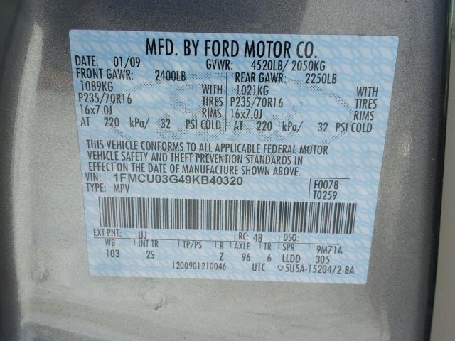 1FMCU03G49KB40320 - 2009 FORD ESCAPE XLT GRAY photo 10